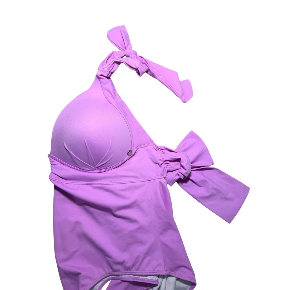 Aqua Menta Designer Swimsuit Women XL Pink Excellent Halter One Piece Ruched Bow